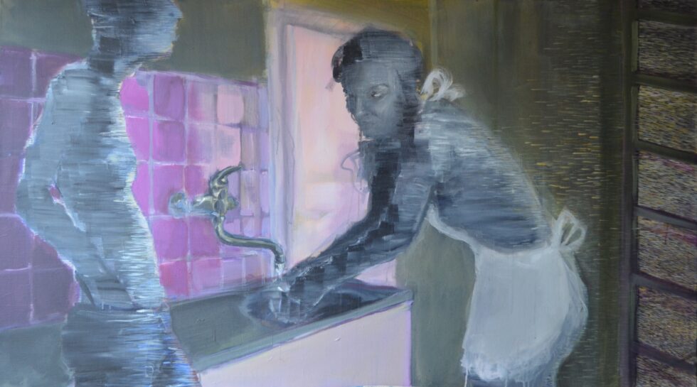 Lena Martincová-Červencová - Druhá identita: Normální je být uvnitř. Zapomněla jsem dát vodu do kávovaru., akryl na plátně, 192 x 108 cm, 2012