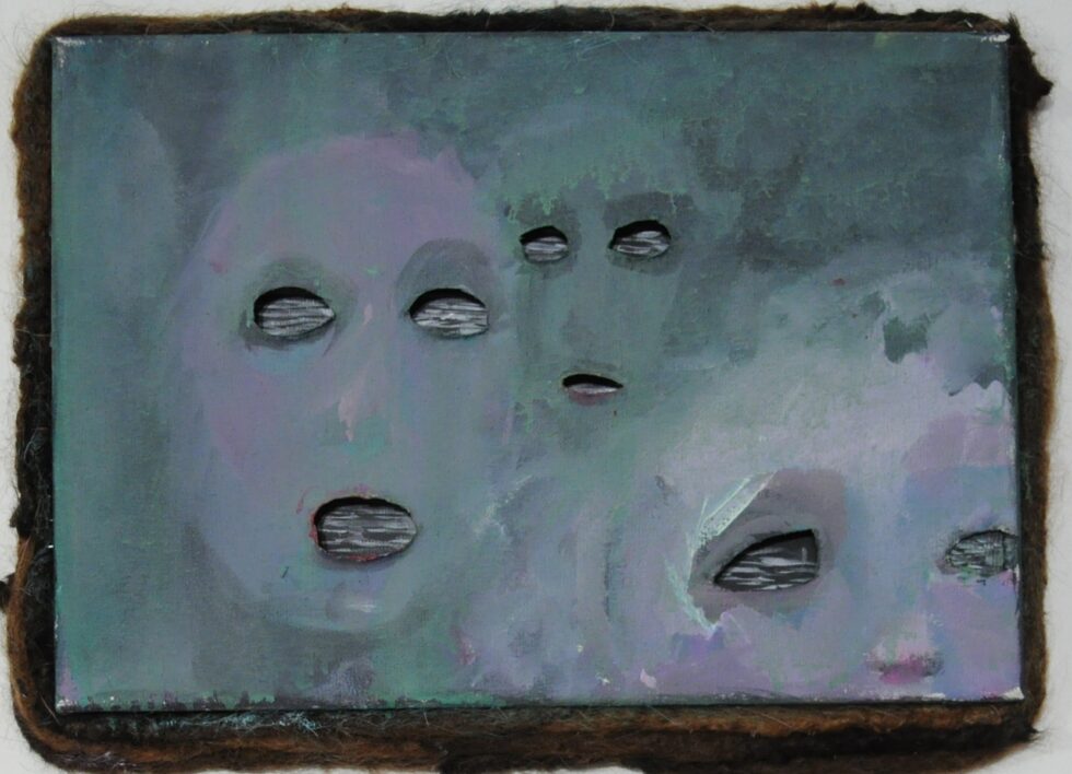 Lena Martincová-Červencová - Druhá identita: Okna do duše, akryl na plátně, vlasy, 50 x 35 cm, 2011