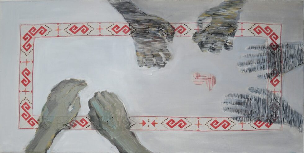 Lena Martincová-Červencová - Druhá identita: Sedávali spolu, u jednoho stolu, akryl na ubrusu, 90 x 45 cm, 2012